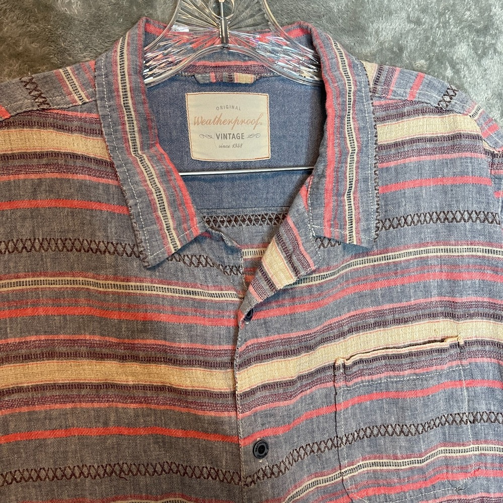 Weatherproof Men Striped Navajo Western Linen Cotton Blend Collar Button Shirt L